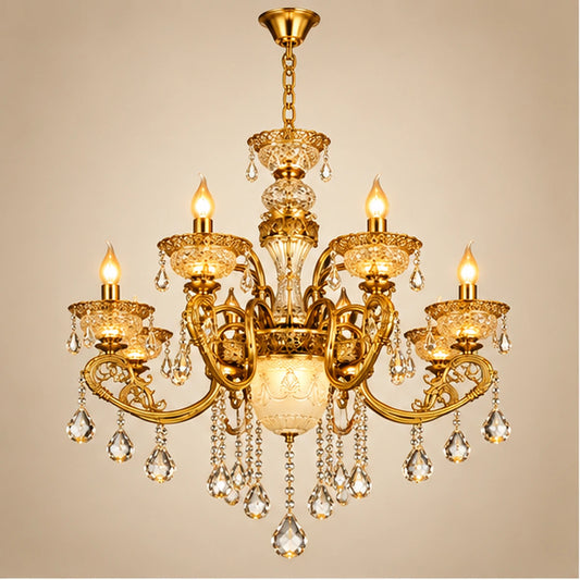 Antique gold eight-arm crystal chandelier on a warm-white background