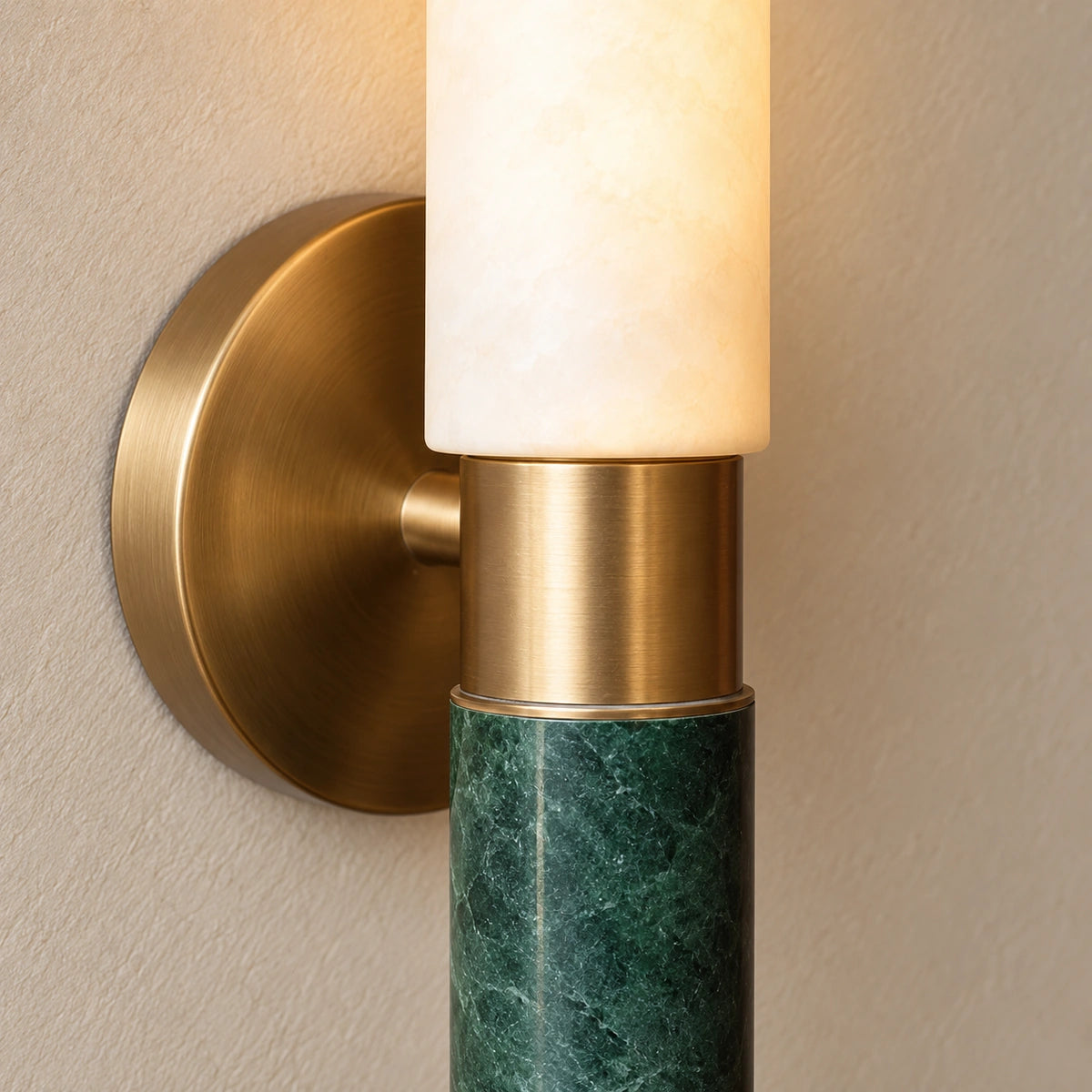 Axis Green Stone Wall Lamp, generated styled detail of White Translucent stone, metal-colored collar and Green Stone based on real product video