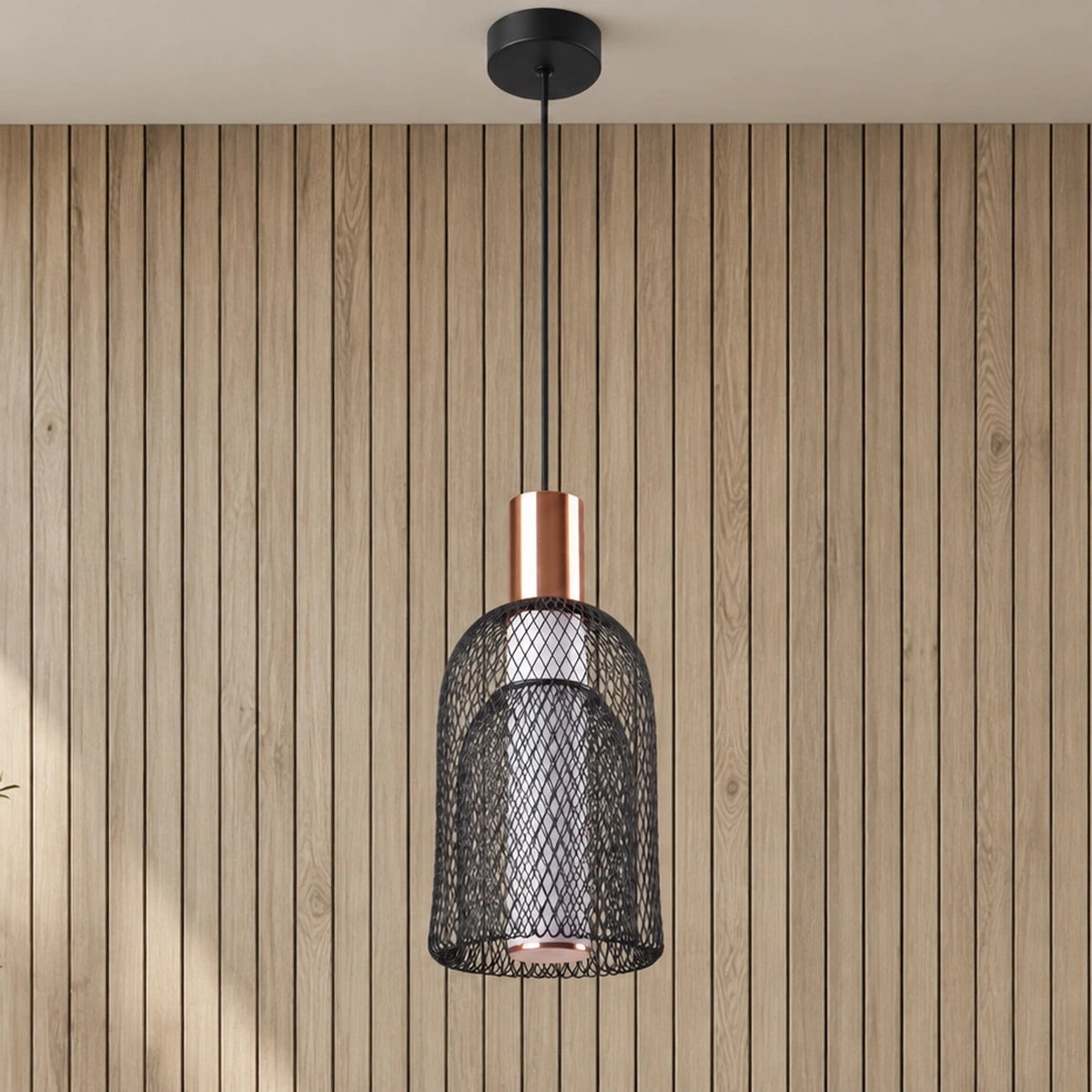 Nested black mesh and copper pendant light, unlit