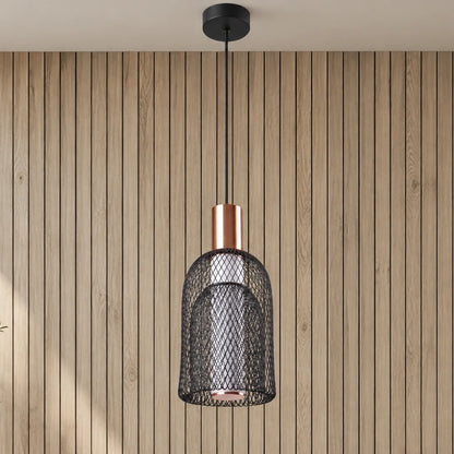 Nested black mesh and copper pendant light, unlit
