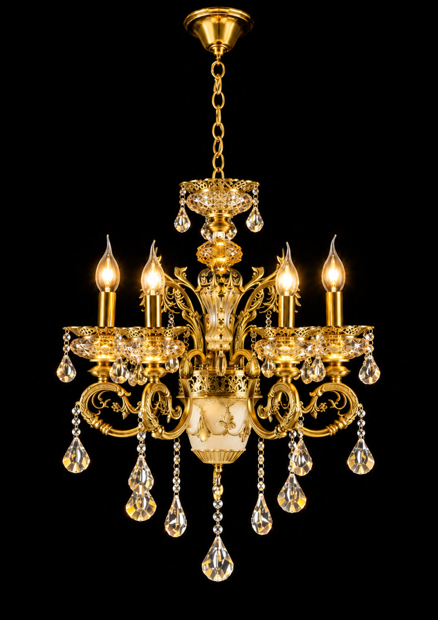 Original supplier photograph of model 9857-6 gold-toned scroll-arm chandelier; dimensions and specifications unverified