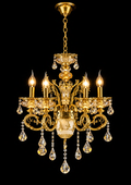 Original supplier photograph of model 9857-6 gold-toned scroll-arm chandelier; dimensions and specifications unverified