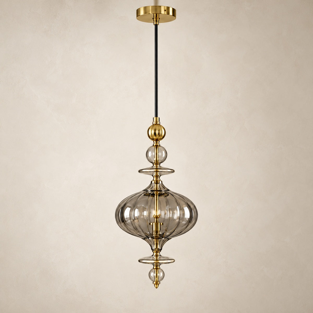 Ornate smoke-glass and gold single pendant, full product hero
