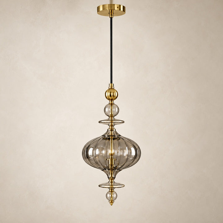 Ornate Smoke Glass & Gold Single Pendant
