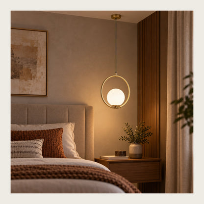 Orbital globe pendant in a premium bedroom setting