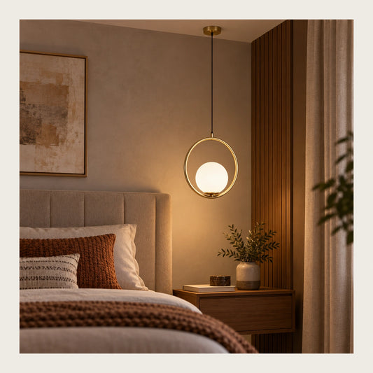 Orbital globe pendant in a premium bedroom setting