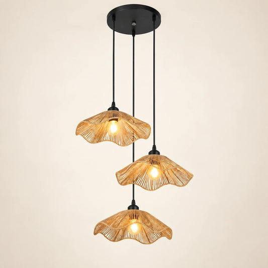 Lotus weave three-light pendant cluster on a warm studio background