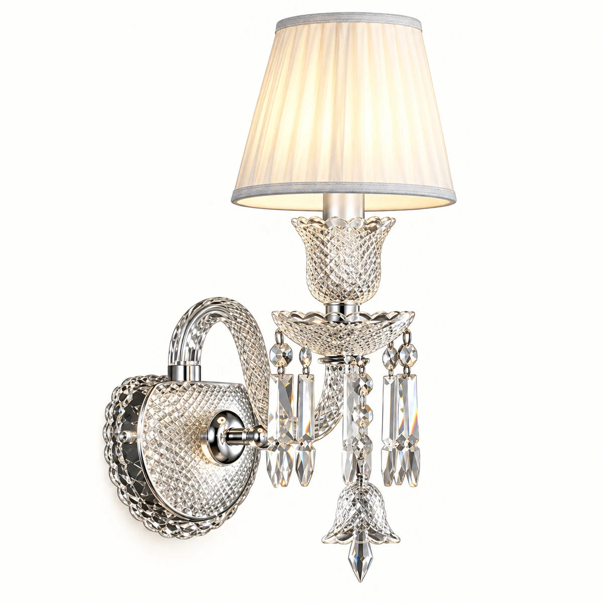 Crystal accent wall sconce with one warm ivory pleated shade