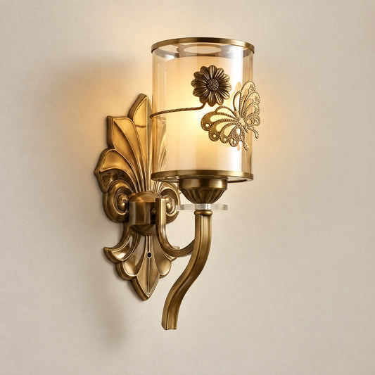 Floral cylinder wall sconce on a warm studio wall