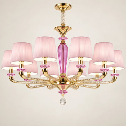 Pink shade ten-light chandelier on a warm studio background