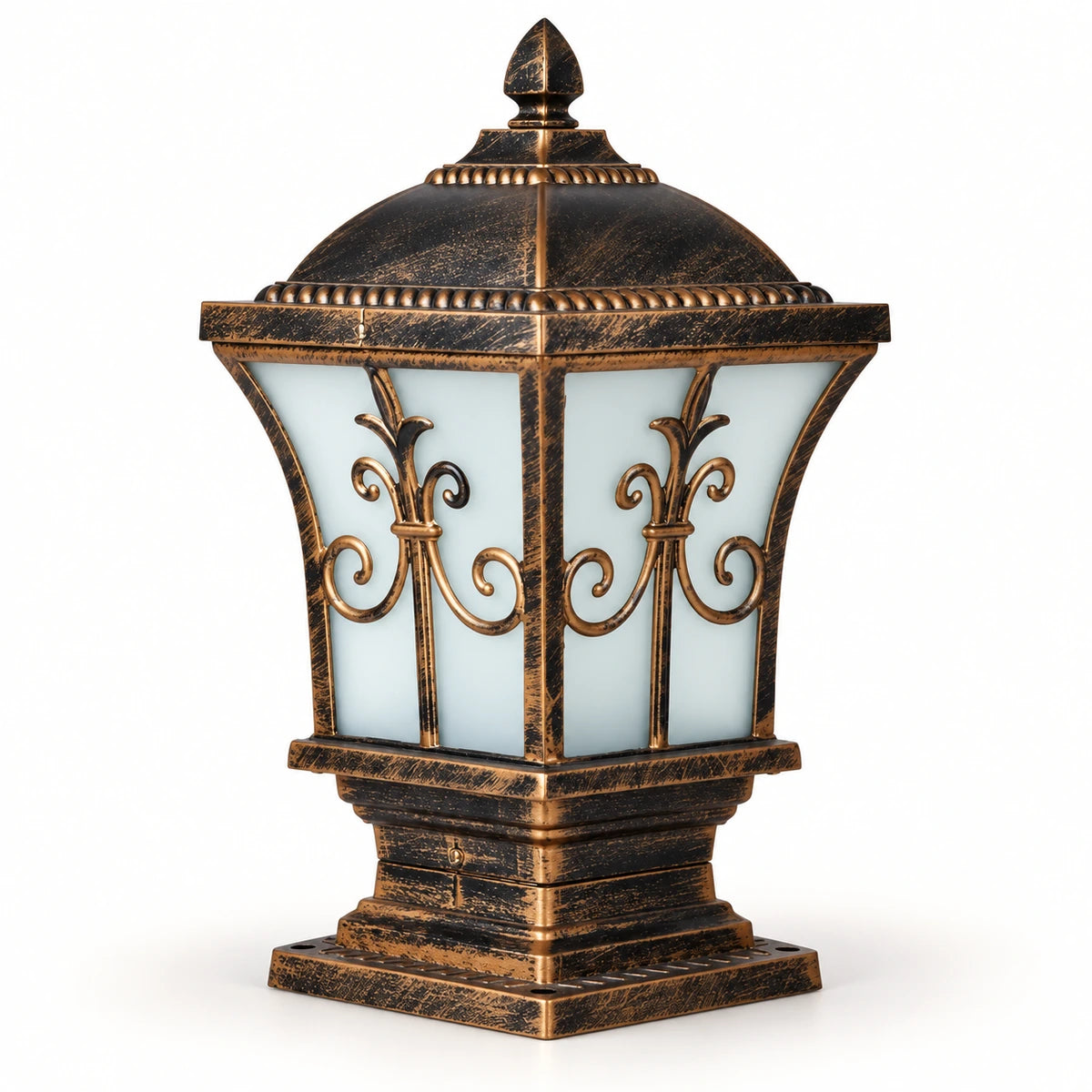 Ornate frosted panel pillar light in antique bronze-tone finish