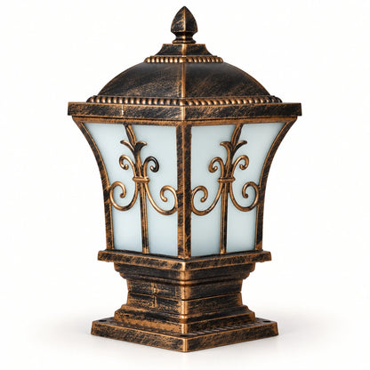 Ornate frosted panel pillar light in antique bronze-tone finish