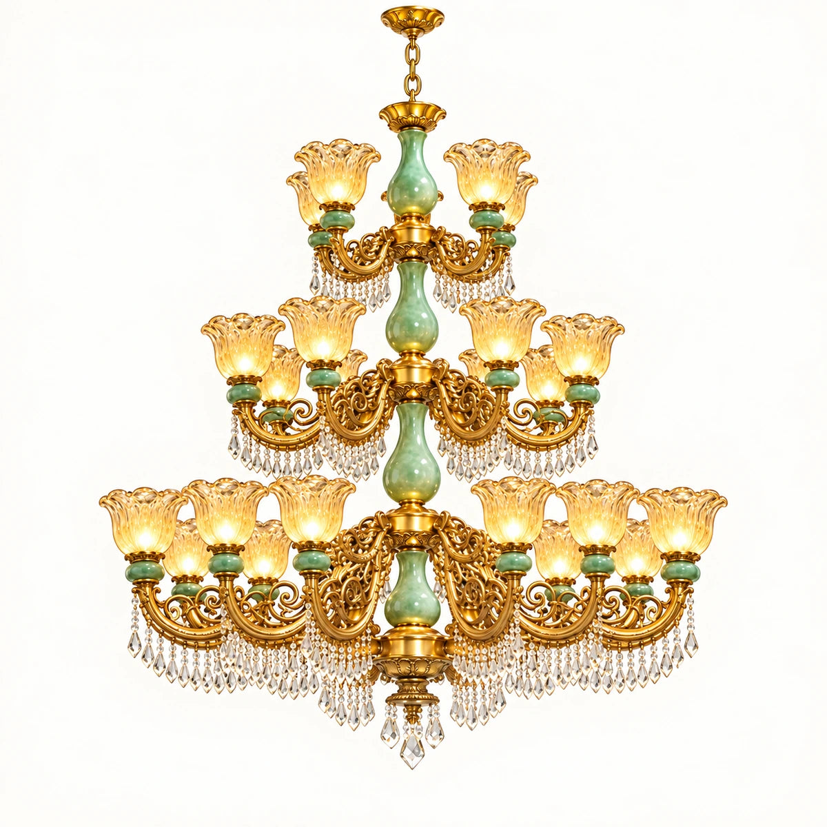 Grand three-tier gold-tone chandelier with green glass accents and crystal drops