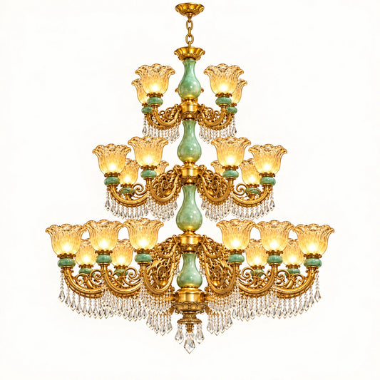 Grand three-tier gold-tone chandelier with green glass accents and crystal drops