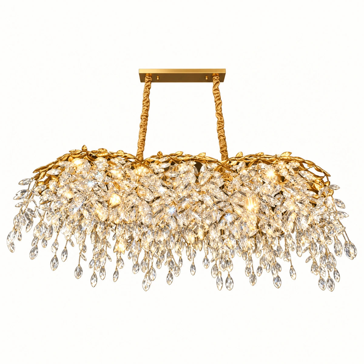 Linear gold-tone chandelier with dense clear crystal drops