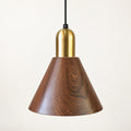 Wood-grain cone pendant on a warm studio background