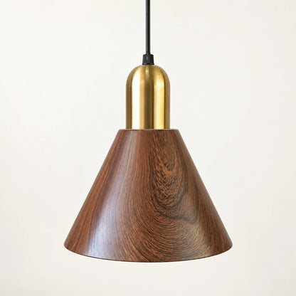 Wood-grain cone pendant on a warm studio background