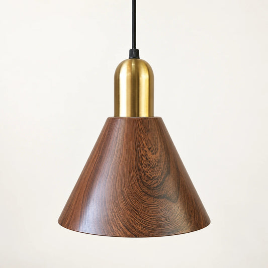 Wood-grain cone pendant on a warm studio background