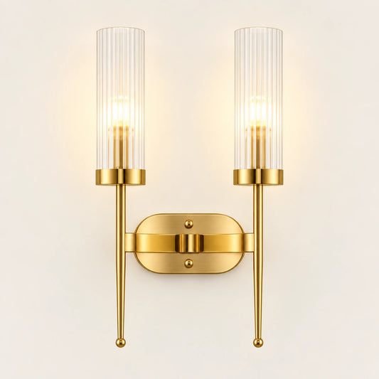 Twin ribbed glass cylinder wall sconce with brass-tone mount
