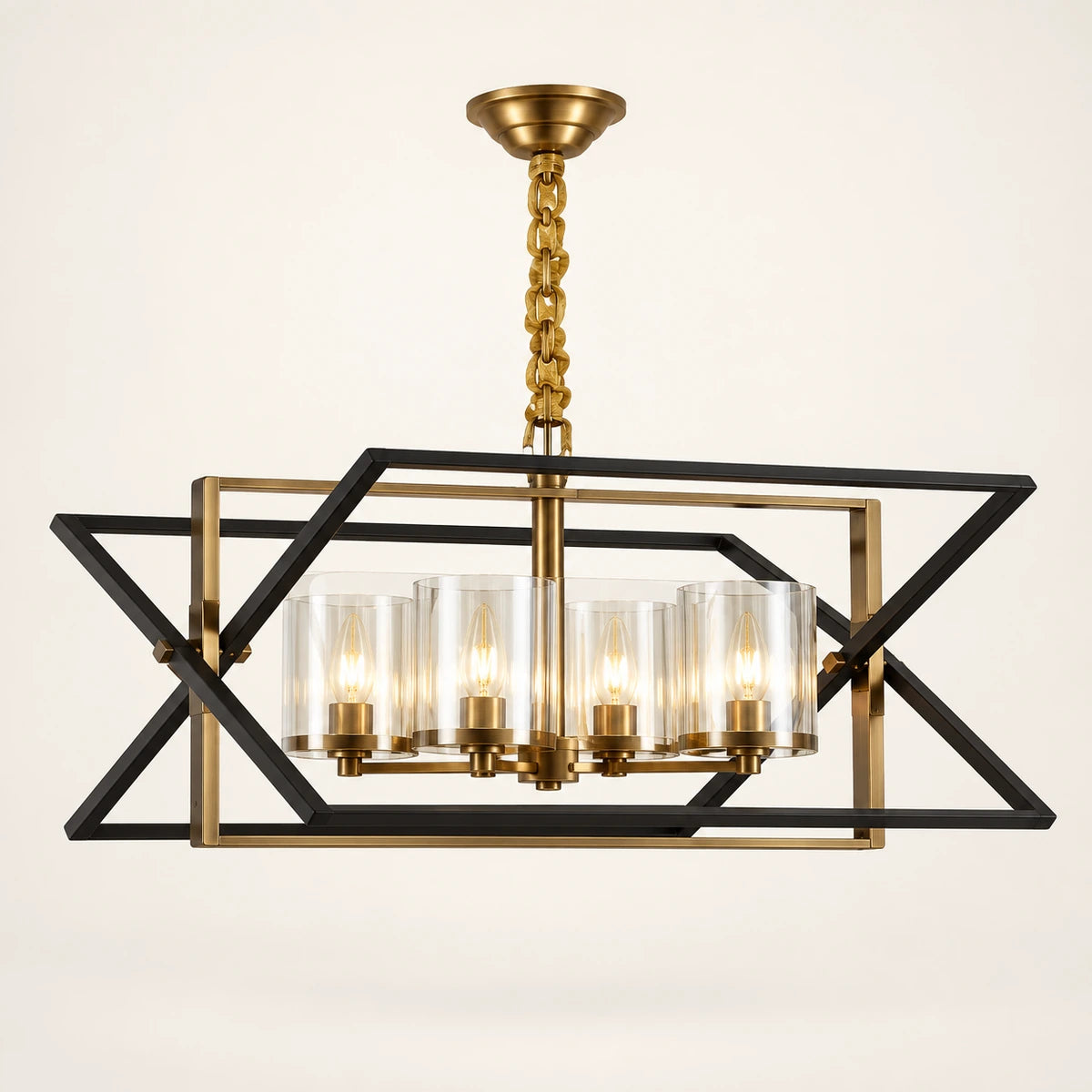 Geometric four-light lantern pendant on a warm studio background