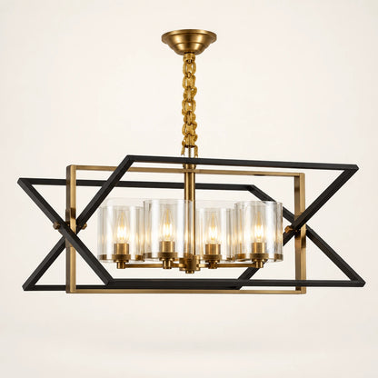 Geometric four-light lantern pendant on a warm studio background