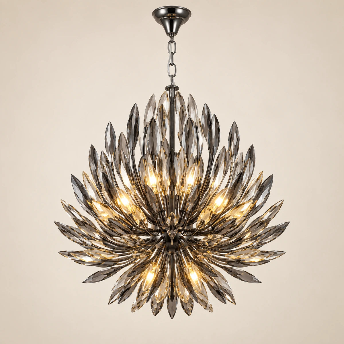 Smoke crystal branch chandelier on a warm studio background
