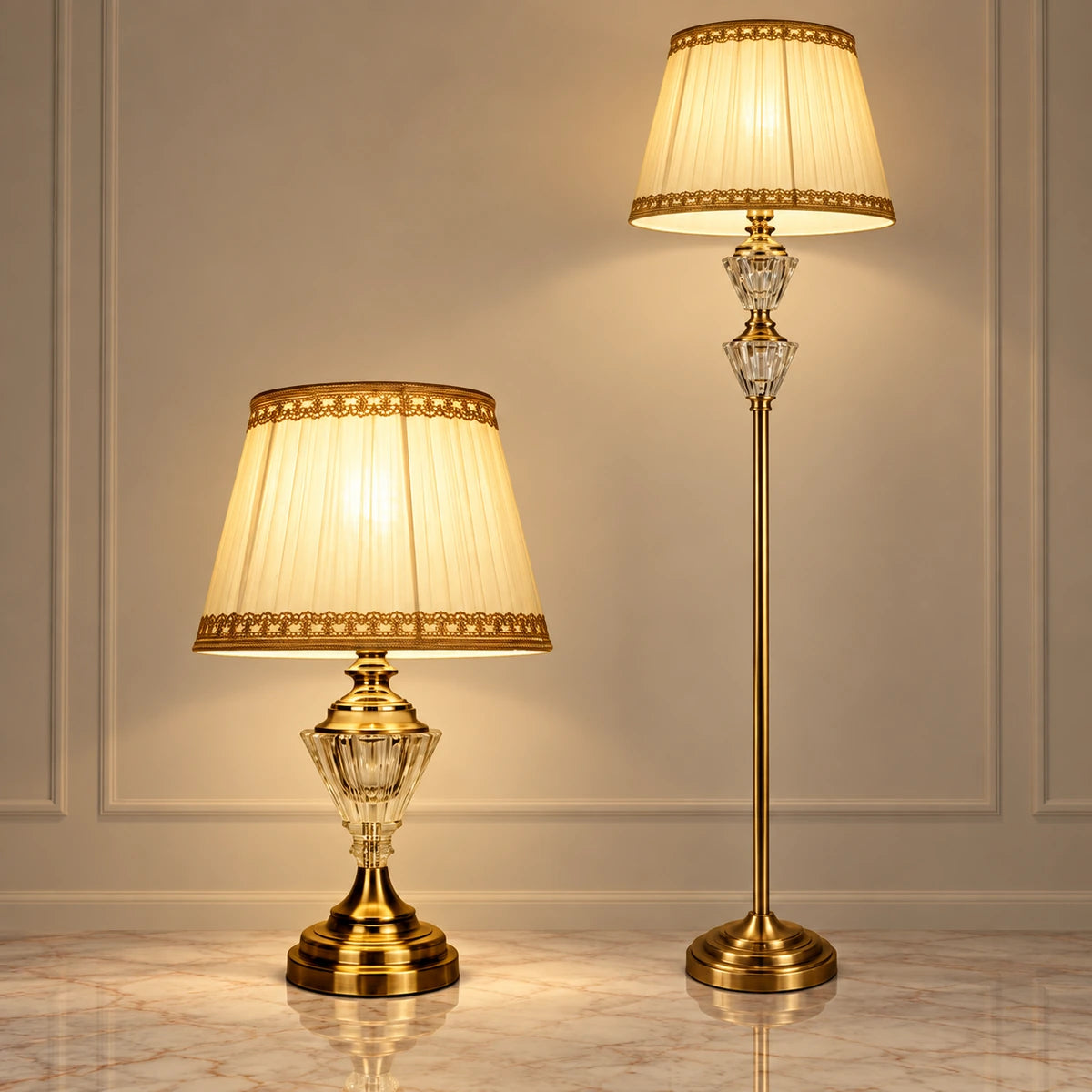 Faceted crystal lamp in coordinated table and floor formats