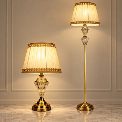 Faceted crystal lamp in coordinated table and floor formats