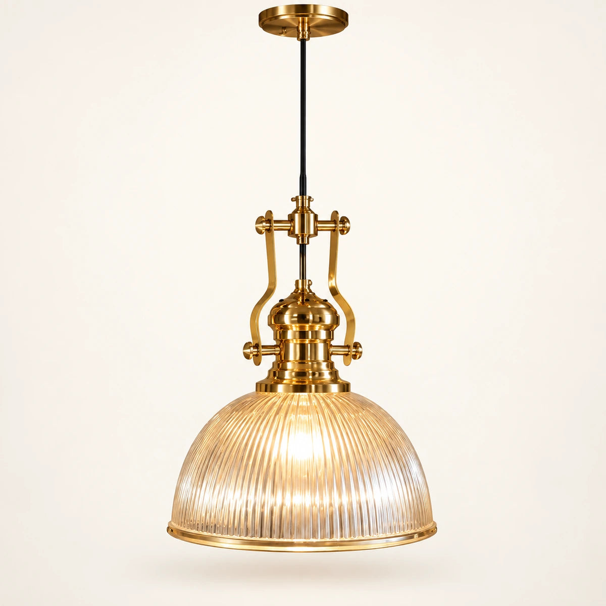 Ribbed lantern dome pendant in warm brass tone