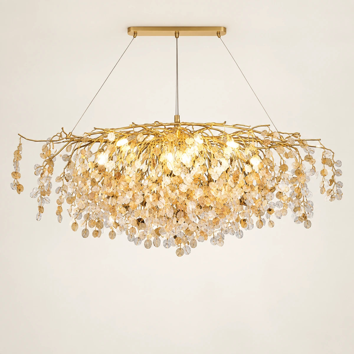 Grand botanical crystal chandelier on a warm studio background