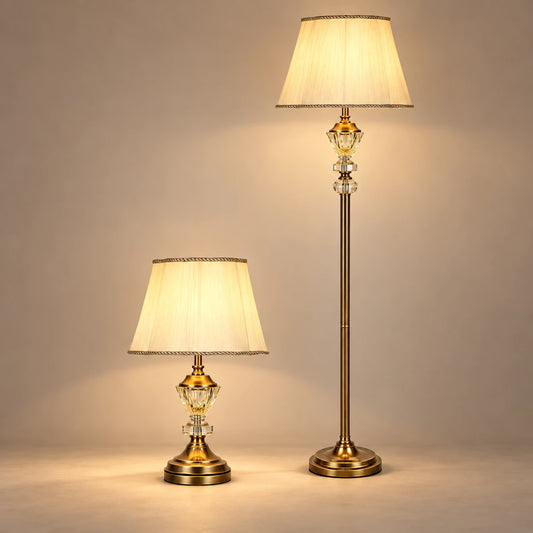 Crystal accent lamp in coordinated table and floor formats