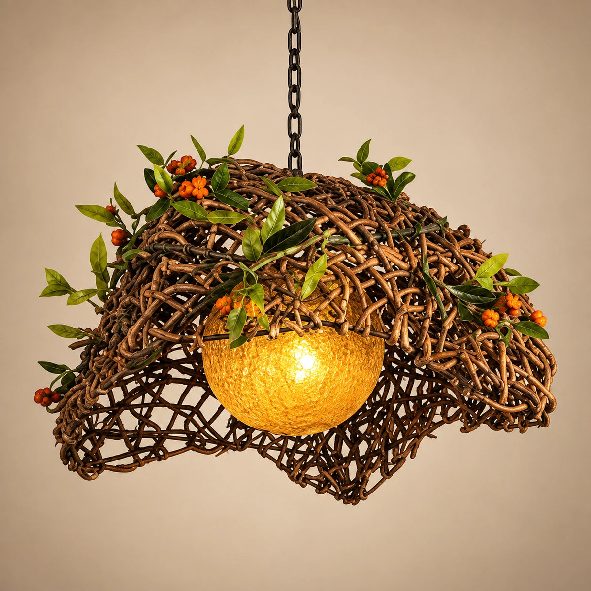 Woven botanical dome pendant against a warm studio background