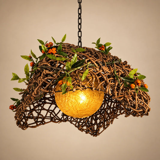 Woven botanical dome pendant against a warm studio background