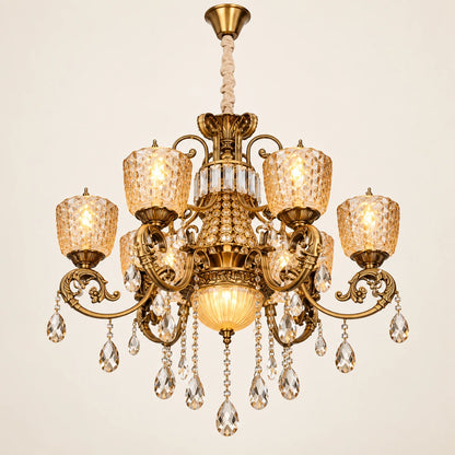 Amber crystal six-light chandelier on a warm studio background