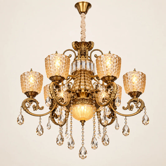 Amber crystal six-light chandelier on a warm studio background