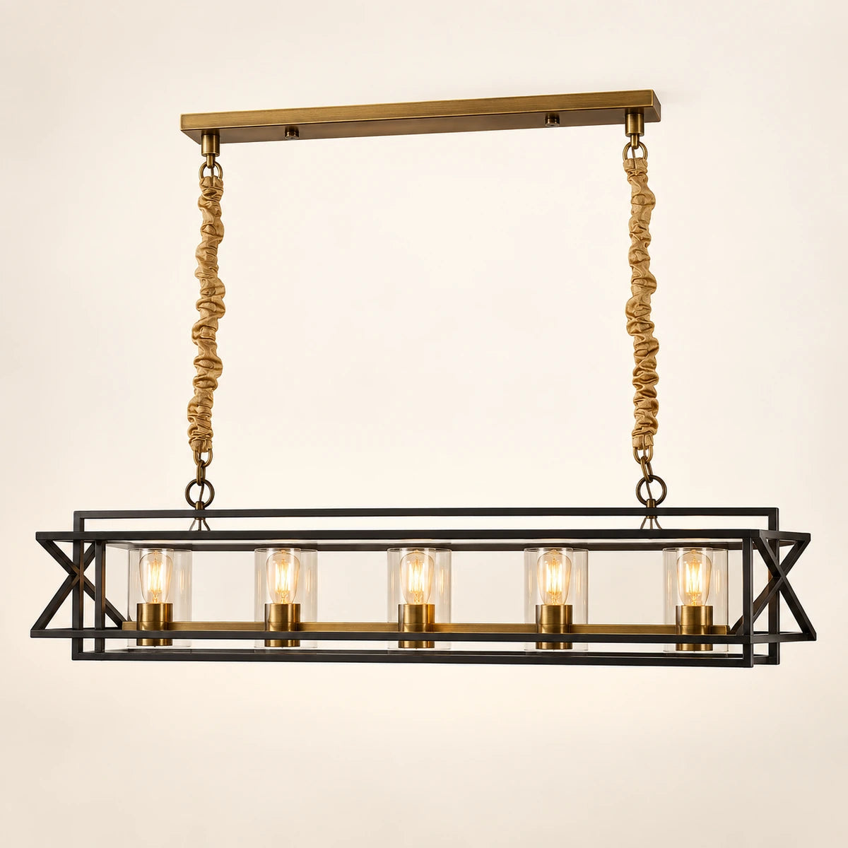 Rectangular glass-frame chandelier on a warm studio background