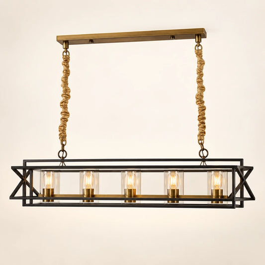 Rectangular glass-frame chandelier on a warm studio background