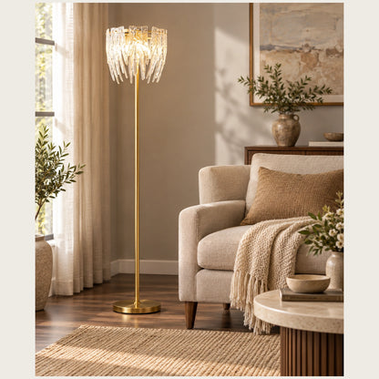 Ribbed-glass fringe floor lamp in a premium living room