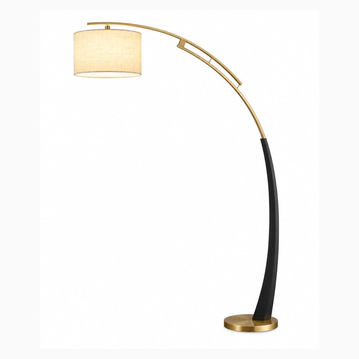 Arc floor lamp with drum shade on a clean studio background