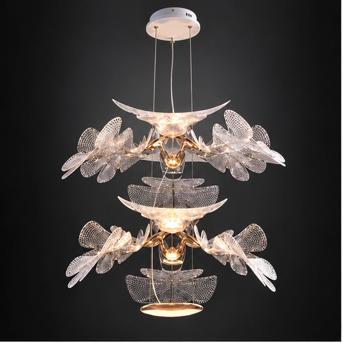 Clear three-tier botanical chandelier