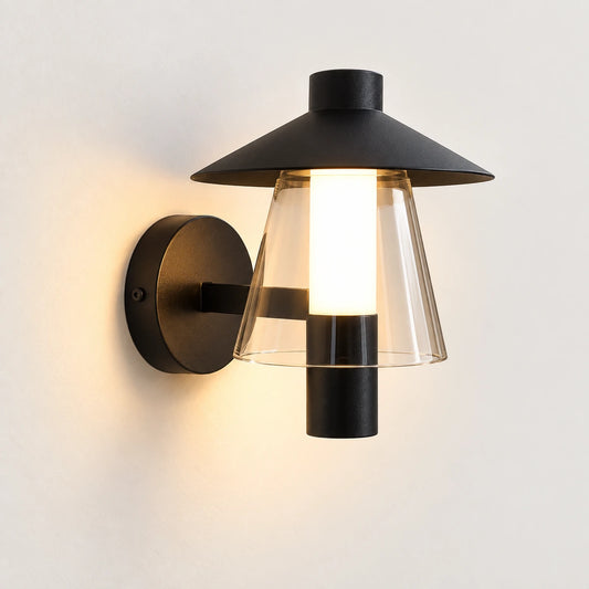 Black hooded outdoor wall light with clear tapered acrylic skirt