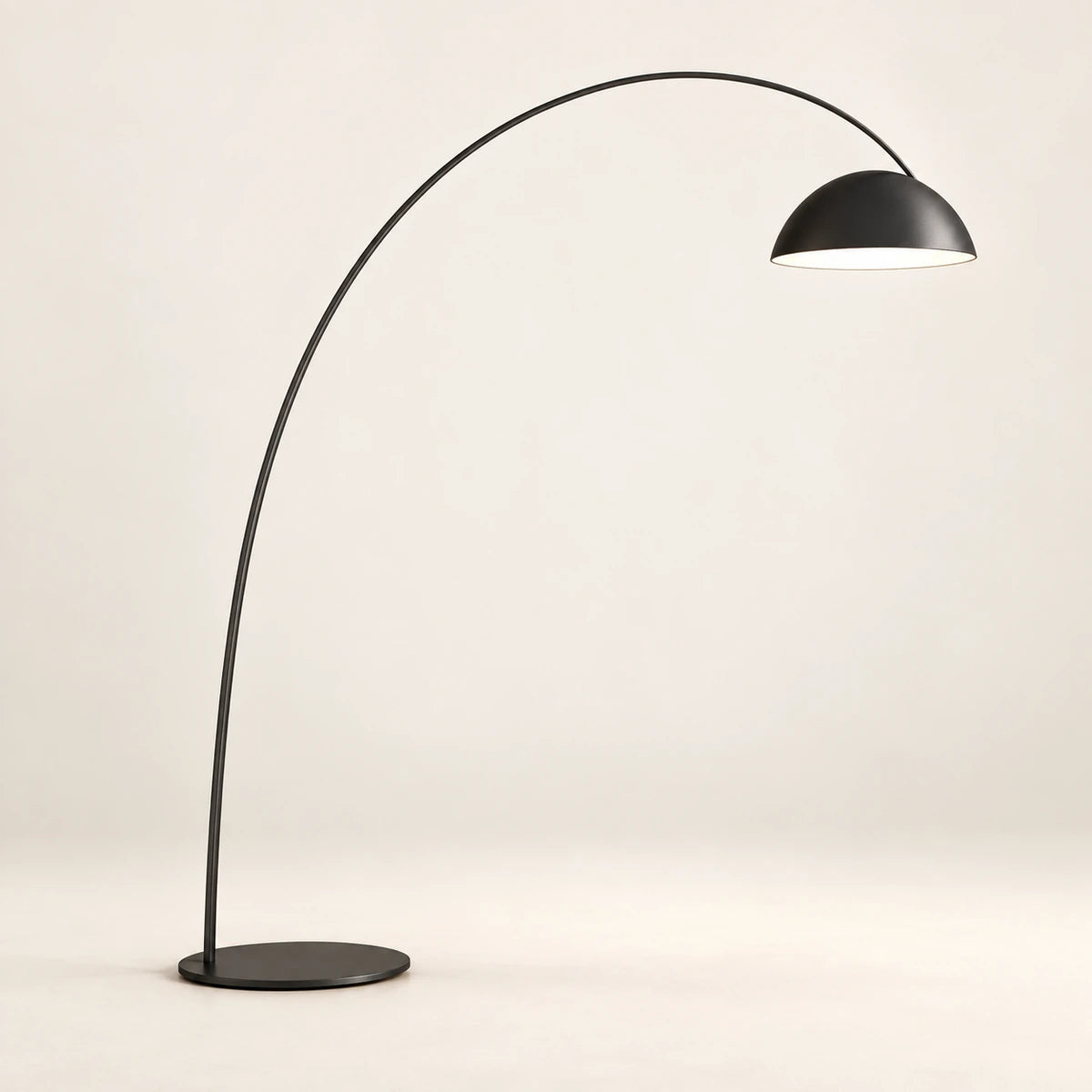 Large dark metal arc floor lamp with dome shade and low round base