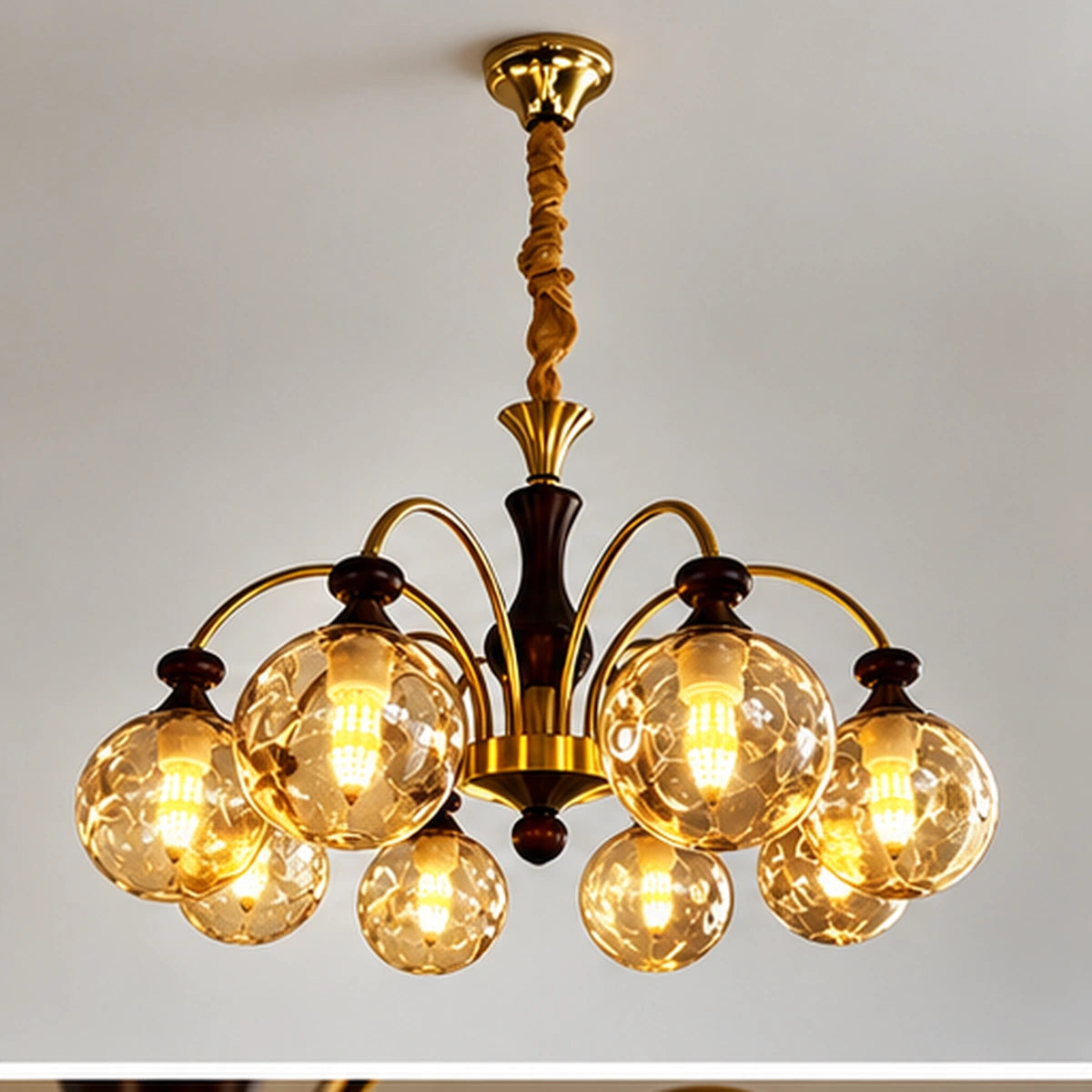 Eight-globe amber arm chandelier