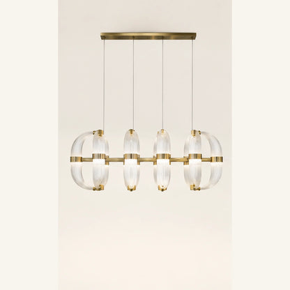 Antique brass ribbed glass linear chandelier