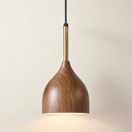 Wood-grain teardrop metal pendant with long warm-metal neck and black cord