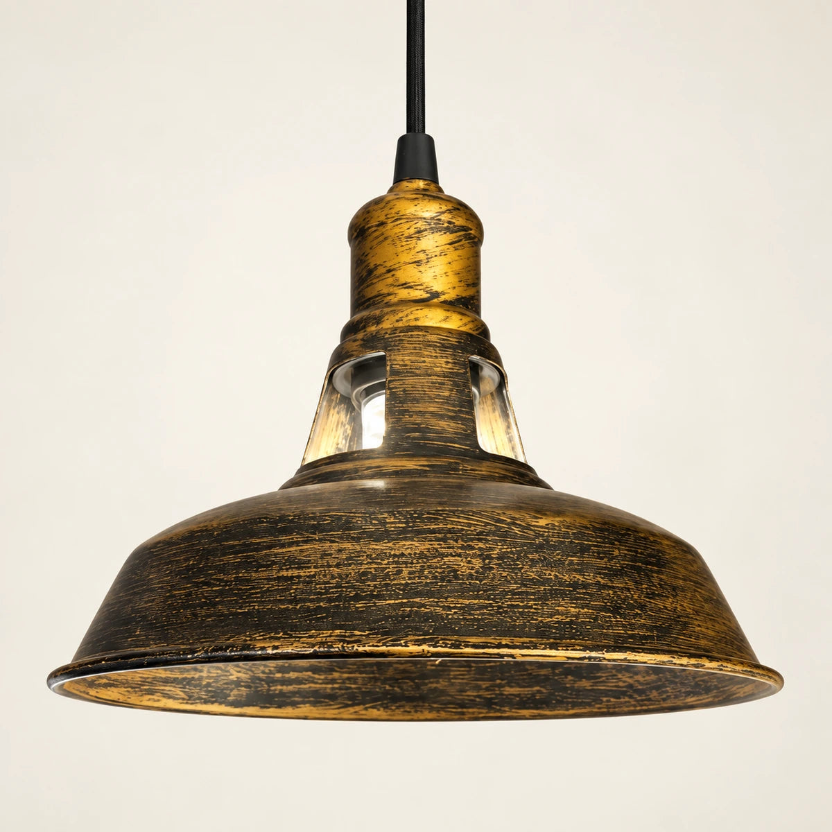Distressed antique-gold metal dome pendant with raised neck