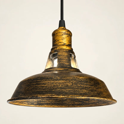 Distressed antique-gold metal dome pendant with raised neck