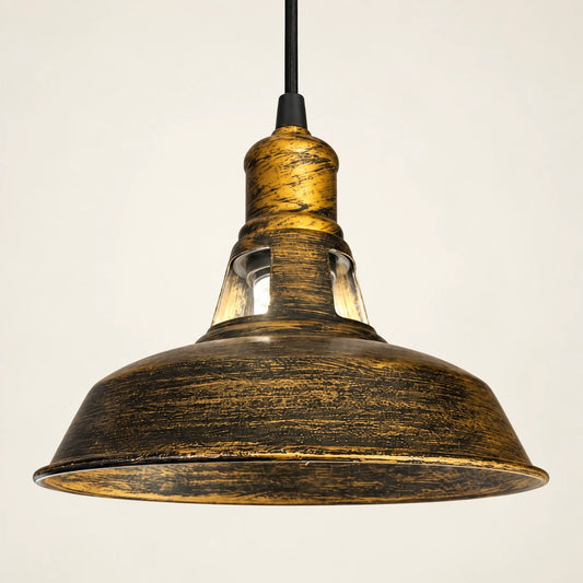Distressed antique-gold metal dome pendant with raised neck