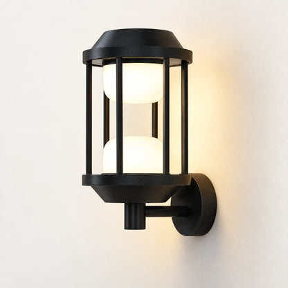 Twin-glow sand-black cage wall light with two stacked diffusers