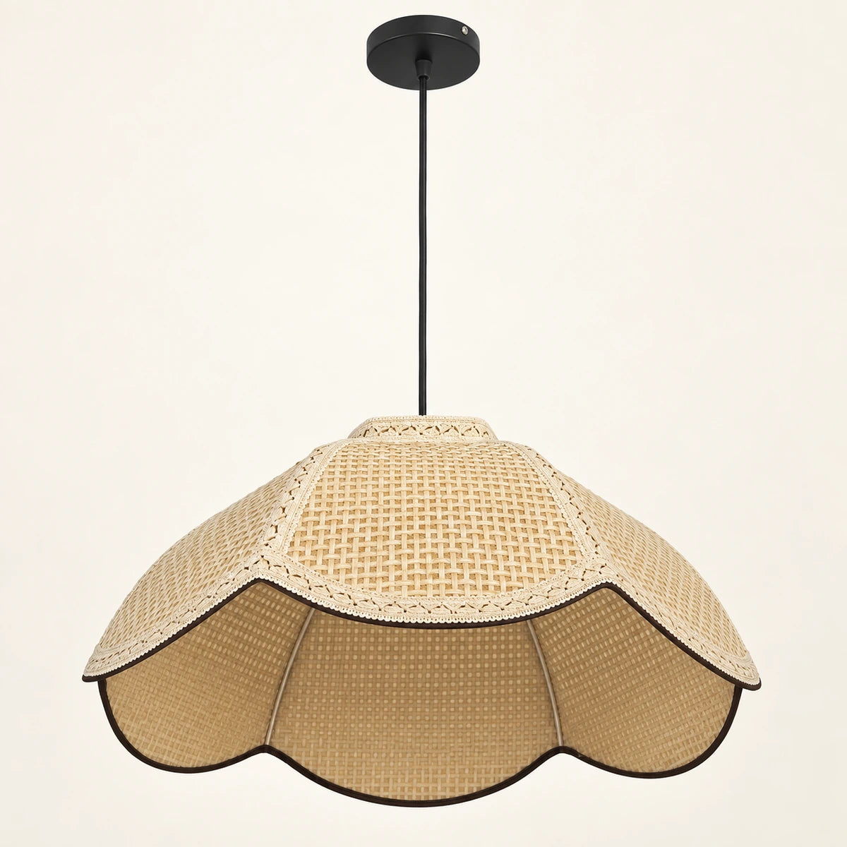 Off-white woven fabric dome pendant with scalloped lower rim